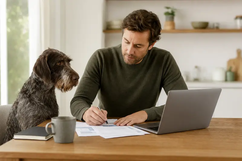 Französischer Rauhaariger Vorstehhund sitzt ruhig am Küchentisch neben seinem Besitzer, der Versicherungsunterlagen studiert.
