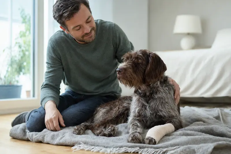 Ein ruhiger Französischer Rauhaariger Vorstehhund mit einem leichten Verband an der Pfote liegt auf einer Decke, während sein erleichterter Besitzer daneben sitzt.
