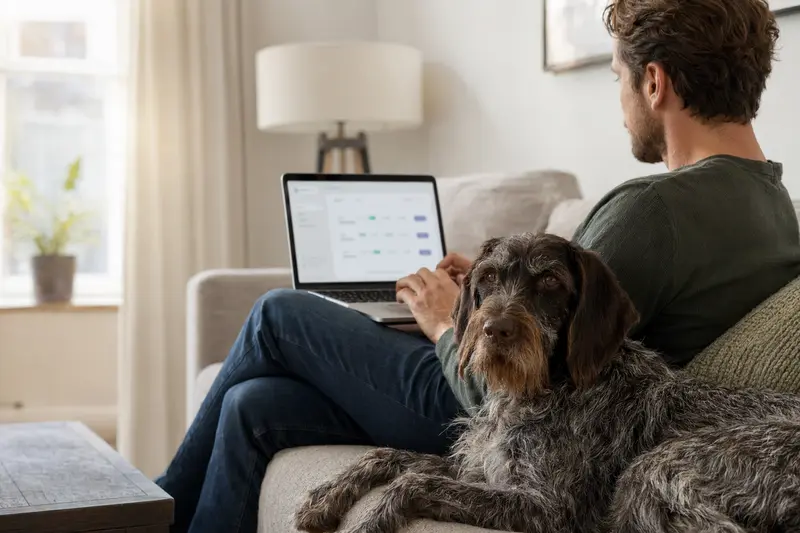 Ein Hundebesitzer sitzt auf dem Sofa mit einem Laptop und hat seinen französischen Vorstehhund an seiner Seite, während er Versicherungsoptionen vergleicht.