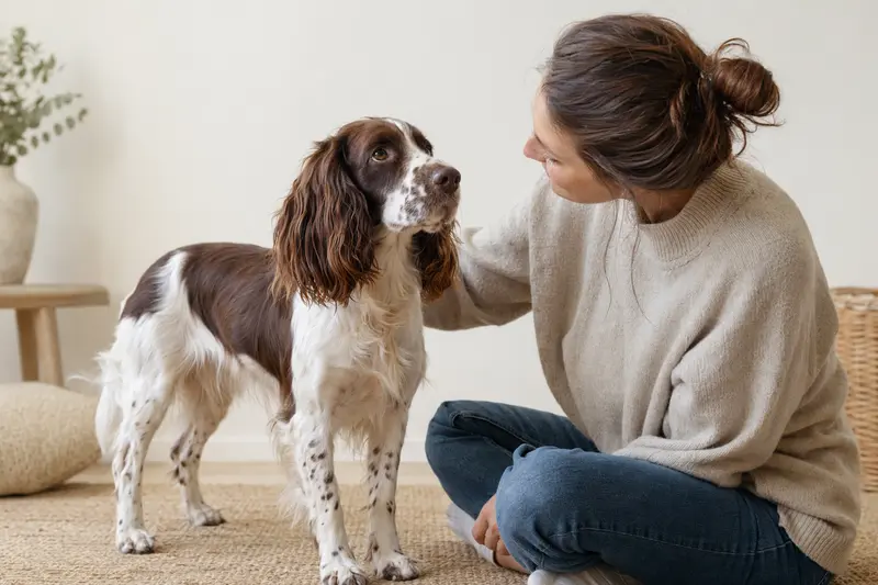 Ein Französischer Spaniel steht aufmerksam vor hellem Hintergrund und zeigt die typische Körperform der Rasse.
