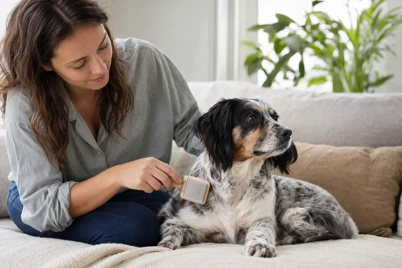 Ein Französischer Spaniel wird in einer hellen Wohnung von seinem Besitzer sanft gebürstet.