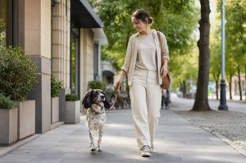 Ein Französischer Spaniel läuft an der Leine mit seinem Besitzer durch eine saubere moderne Stadtstraße.