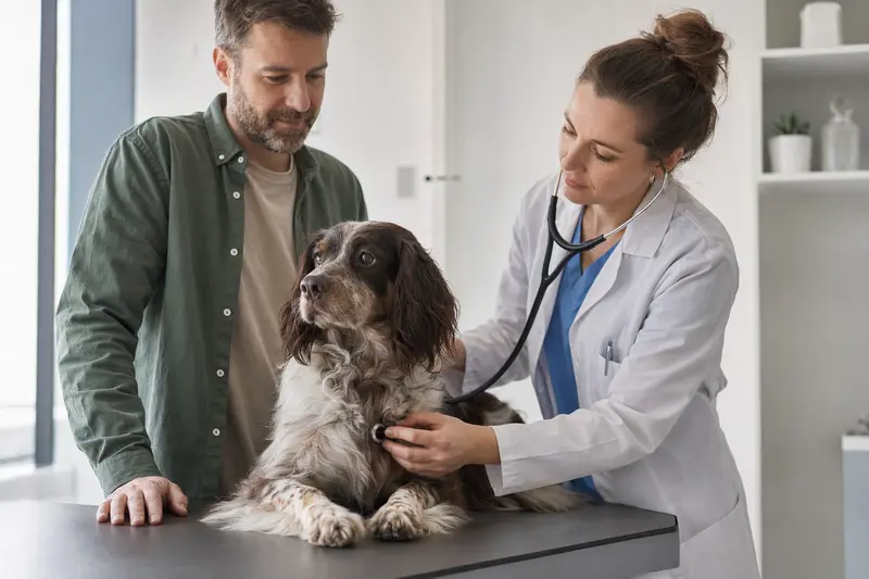 Ein ruhiger Französischer Spaniel wird von einer freundlichen Tierärztin auf einem Untersuchungstisch in einer modernen Tierarztpraxis mit einem Stethoskop untersucht, während der Besitzer beruhigend daneben steht.