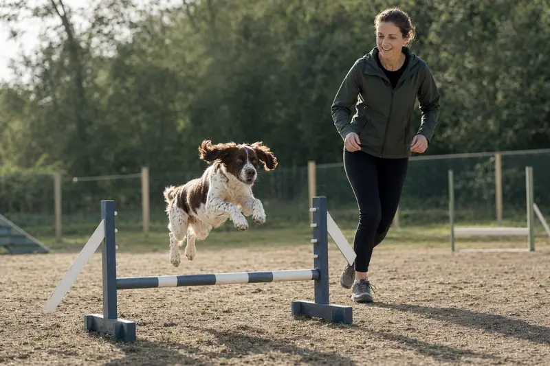 Ein Französischer Spaniel springt beim Training mit seinem Besitzer über eine kleine Hürde auf dem Hundeplatz.