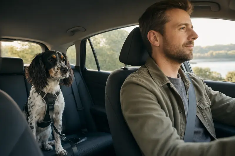 Ein sicher angeschnallter Französischer Spaniel auf der Rückbank eines Autos, während sein Besitzer entspannt fährt.