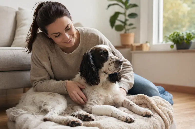 Ein entspannter Französischer Spaniel mit einem leichten Verband auf der Pfote liegt auf einer Decke neben seinem erleichterten Besitzer.