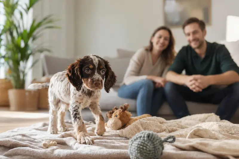 Ein neugieriger französischer Spaniel Welpe erkundet sein neues Zuhause mit einer weichen Decke und Spielzeug, während seine liebevolle Familie im Hintergrund zu sehen ist.