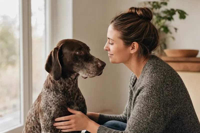 Französischer Vorstehhund steht aufmerksam in natürlicher Haltung vor hellem Hintergrund.