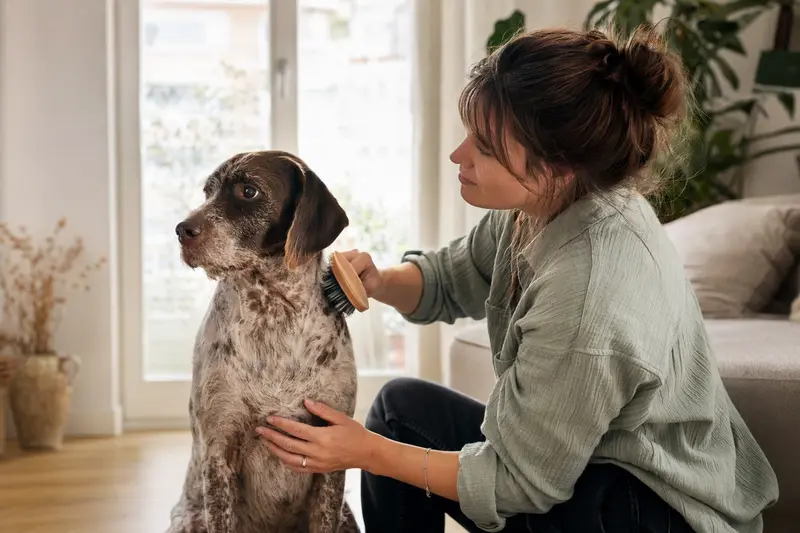 Ein Französischer Vorstehhund wird zuhause sanft gebürstet, während sein Besitzer die Fellpflege liebevoll übernimmt.
