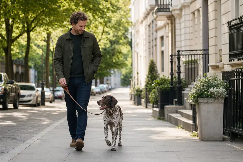 Ein Französischer Vorstehhund läuft an der Leine mit seinem Besitzer durch eine freundliche moderne Stadtstraße.