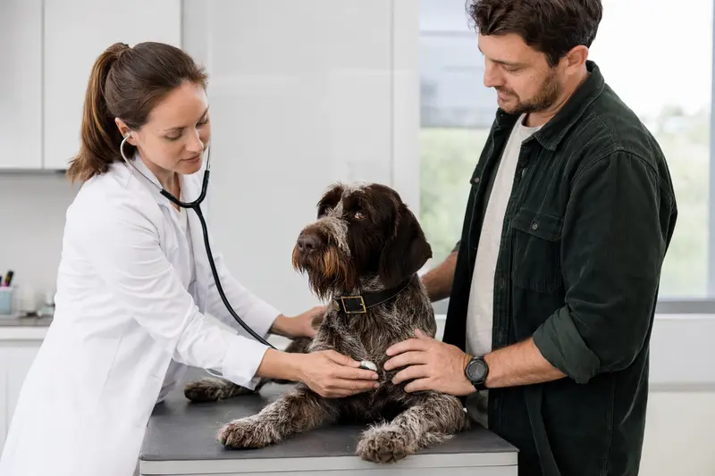 Ein ruhiger Französischer Vorstehhund wird behutsam von einer Tierärztin mit einem Stethoskop in einer modernen Praxis untersucht.