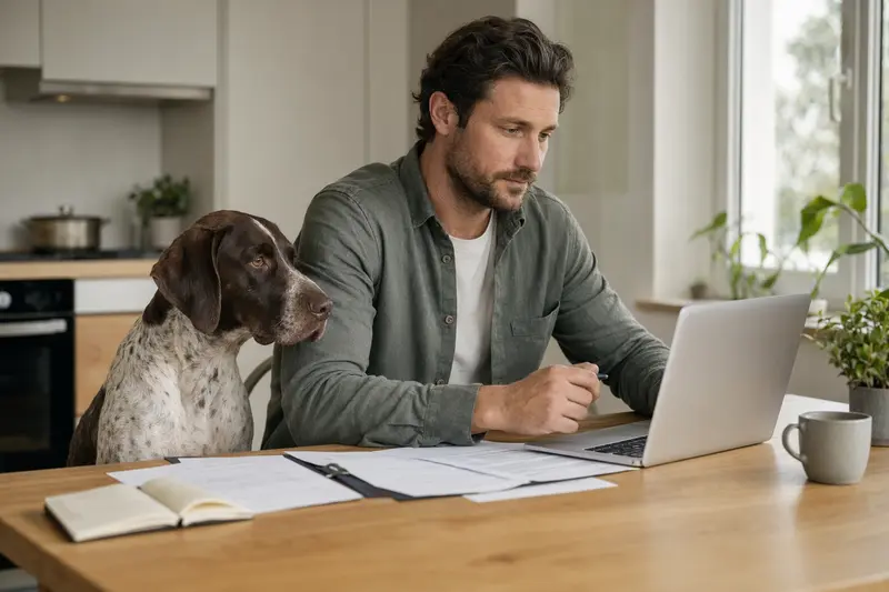 Ein Französischer Vorstehhund sitzt entspannt neben seinem Besitzer am Küchentisch, auf dem Versicherungsunterlagen und ein Laptop liegen.