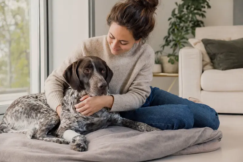 Ein Französischer Vorstehhund mit Verband an der Pfote liegt entspannt neben seinem Besitzer in einer hellen Wohnung.
