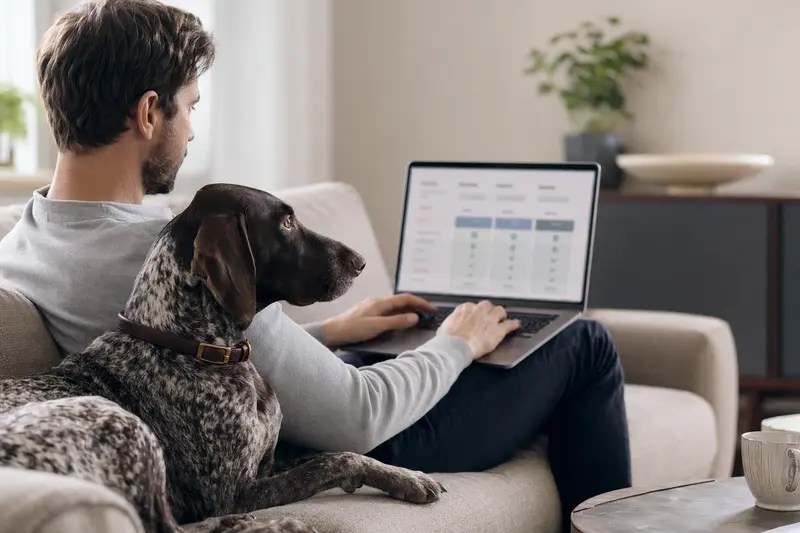 Ein Hundebesitzer sitzt mit einem Laptop auf dem Sofa und vergleicht Tierkrankenversicherungen, während ein Französischer Vorstehhund neben ihm sitzt.