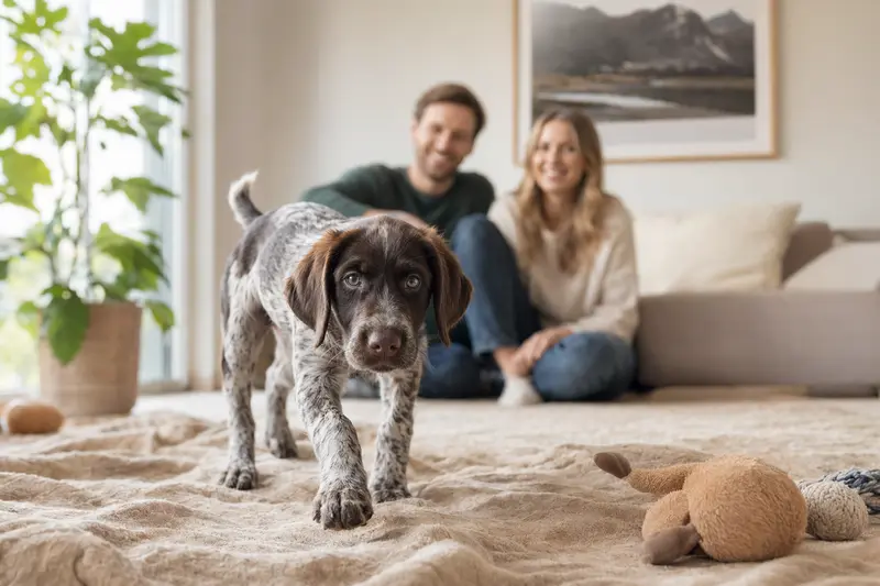 Ein neugieriger französischer Vorstehhund Welpe erkundet sein neues Zuhause auf einer weichen Decke.