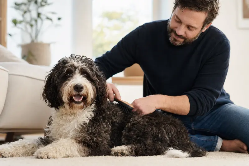 Ein Französischer Wasserhund wird in einer hellen Wohnung liebevoll gebürstet und gepflegt.