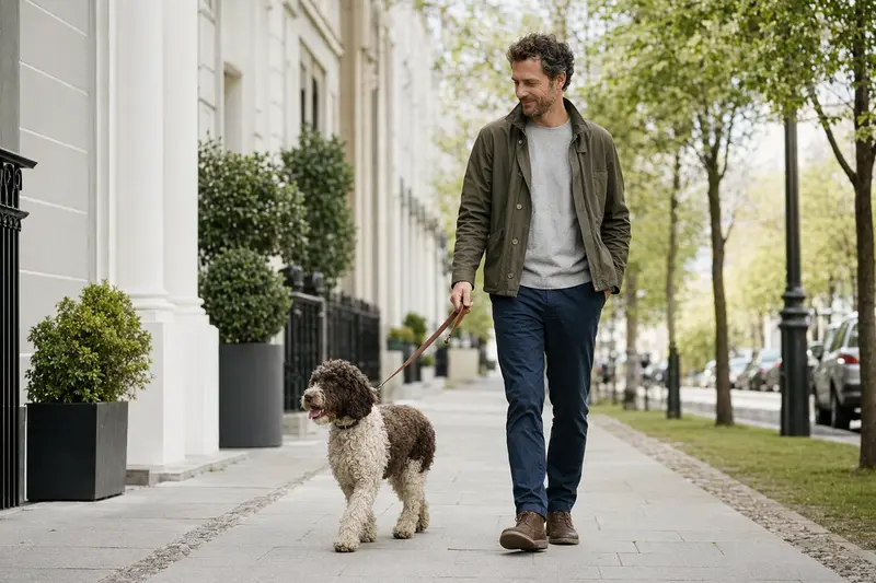 Ein Französischer Wasserhund läuft an der Leine mit seinem Besitzer durch eine freundliche moderne Stadtstraße.