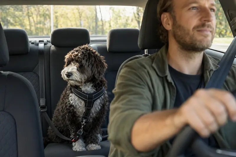 Ein Französischer Wasserhund sitzt sicher angeschnallt auf der Rückbank eines Autos, während der Besitzer entspannt fährt.