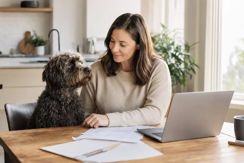 Ein französischer Wasserhund sitzt neben seinem Besitzer am Küchentisch, während Versicherungsunterlagen und ein Laptop mit neutralen Vergleichsseiten auf dem Tisch liegen.