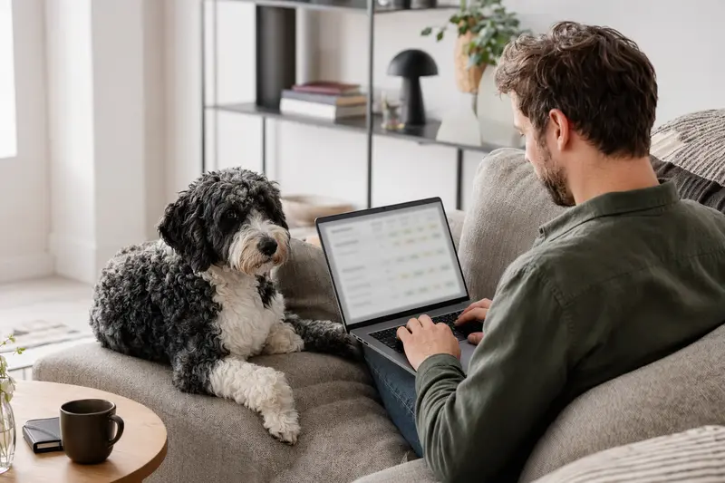 Ein Hundebesitzer sitzt entspannt auf dem Sofa mit einem Laptop, während ein Französischer Wasserhund neben ihm liegt.