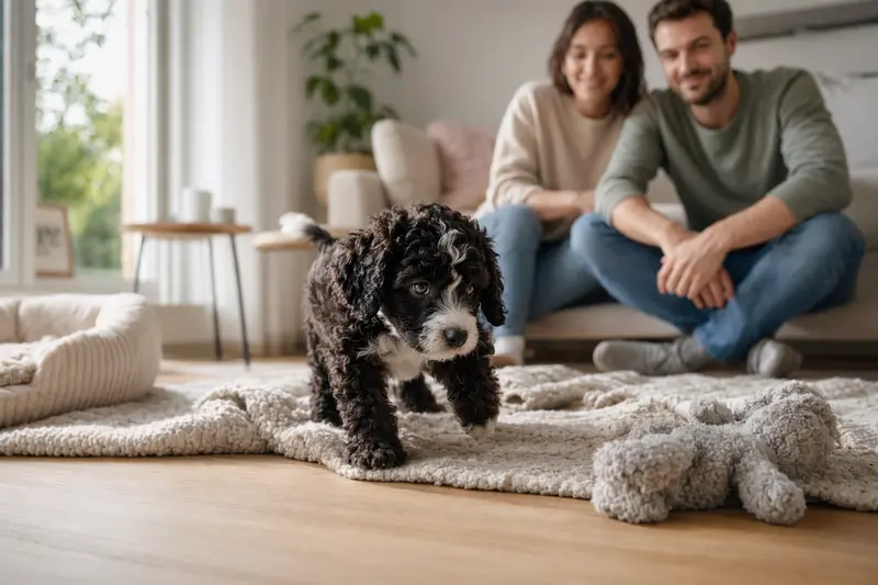 Ein neugieriger französischer Wasserhund Welpe, der in einer hellen Wohnung seine neue Umgebung erkundet.