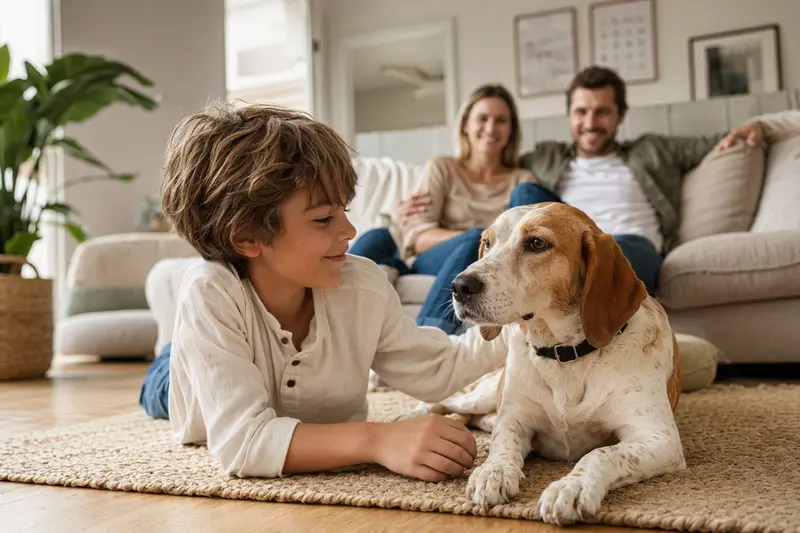 Ein Französischer Weiß-Oranger Laufhund liegt entspannt neben einem Kind im Wohnzimmer in einer sicheren Familienatmosphäre.