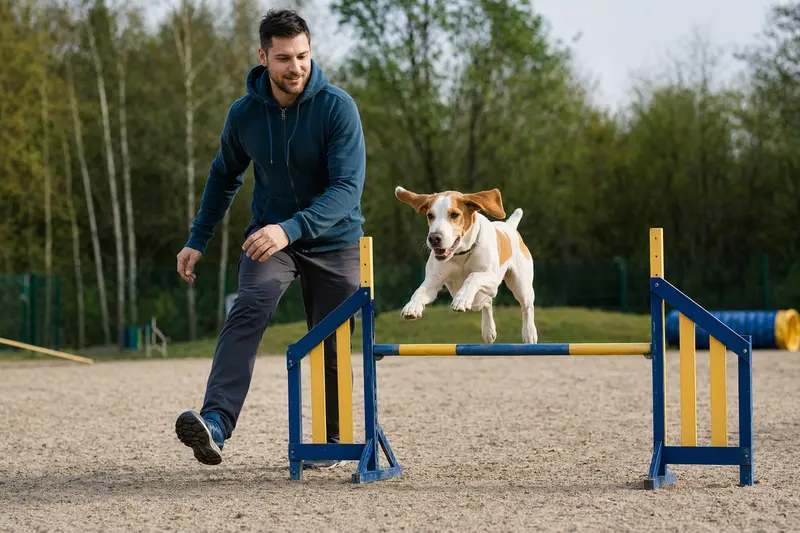 Ein Französischer Weiß-Oranger Laufhund trainiert mit seinem Besitzer über eine kleine Hürde auf dem Hundeplatz.