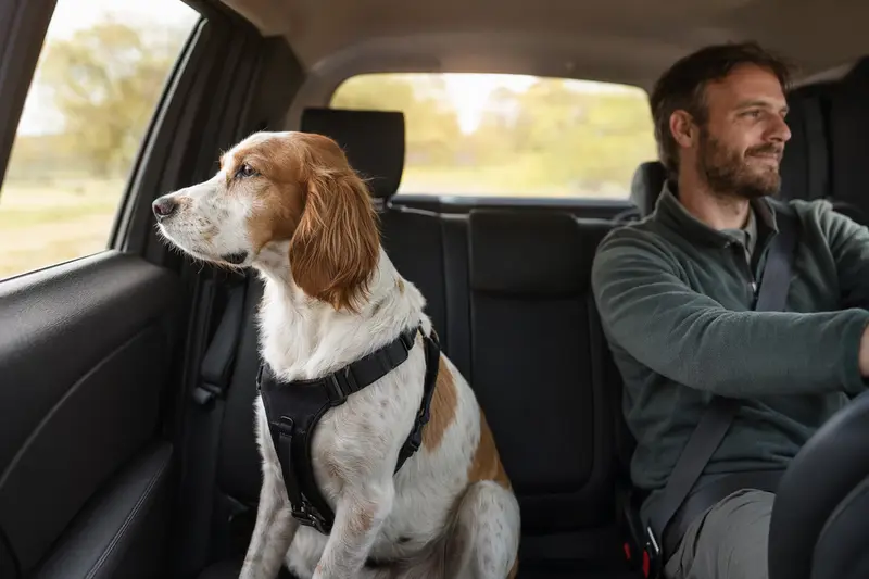 Ein Französischer Weiß-Oranger Laufhund sitzt sicher angeschnallt auf der Rückbank eines Autos und genießt die Fahrt.