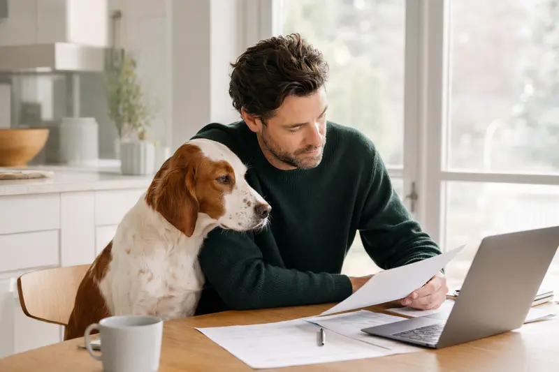 Ein ruhiger Französischer Weiß-Oranger Laufhund sitzt neben seinem Besitzer am Küchentisch, auf dem Versicherungsunterlagen und ein Laptop mit Vergleichsseite liegen.