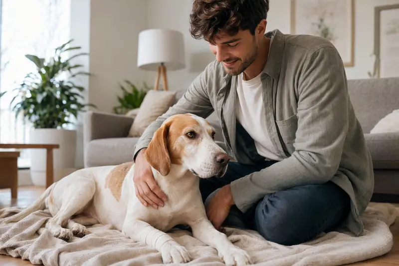 Ein ruhender Französischer Weiß-Oranger Laufhund mit leichtem Verband an der Pfote neben seinem erleichterten Besitzer in einer hellen Wohnung.