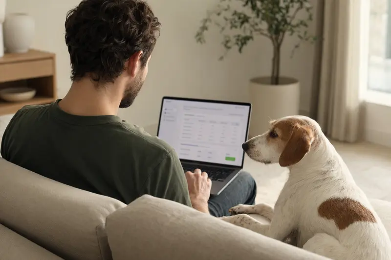 Ein Besitzer sitzt mit einem Laptop auf dem Sofa, während ein Französischer Weiß-Oranger Laufhund neben ihm liegt und eine neutrale Versicherungsvergleichs-Oberfläche auf dem Bildschirm angezeigt wird.