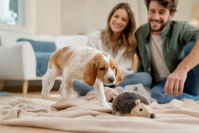 Ein neugieriger junger Französischer Weiß-Oranger Laufhund Welpe erkundet seine neue Umgebung auf einer weichen Decke mit Spielzeug, während eine liebevolle Familie im Hintergrund zu sehen ist.