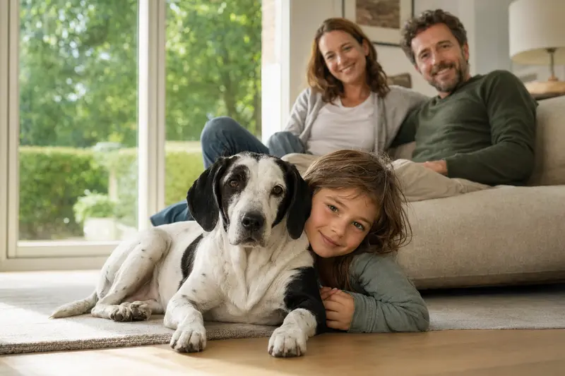 Ein freundlicher Weiß-Schwarzer Laufhund liegt entspannt neben einem Kind im Wohnzimmer und sorgt für eine angenehme Familienatmosphäre.