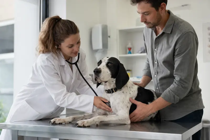 Ein ruhiger französischer Laufhund wird von einer freundlichen Tierärztin mit einem Stethoskop untersucht