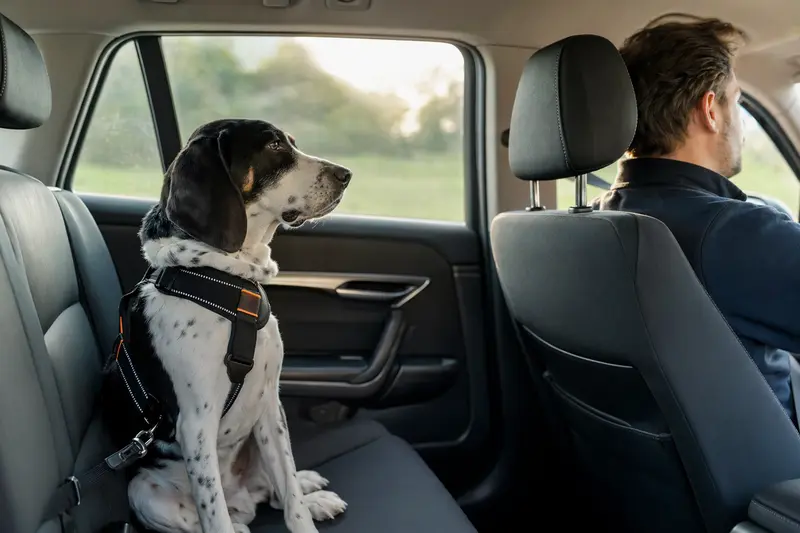 Ein Französischer Weiß-Schwarzer Laufhund sitzt sicher angeschnallt auf der Rückbank eines Autos, während der Besitzer ruhig fährt.