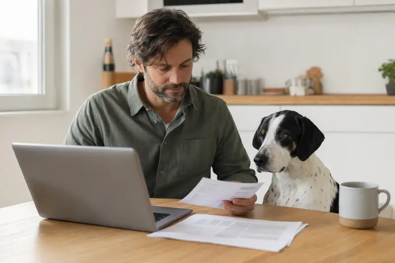 Ein Französischer Weiß-Schwarzer Laufhund sitzt entspannt neben seinem Besitzer am Küchentisch, während auf dem Tisch Versicherungsunterlagen und ein Laptop liegen.
