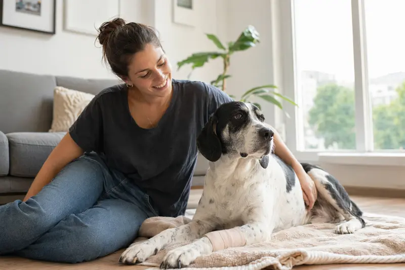 Ein Französischer Weiß-Schwarzer Laufhund mit einem leichten Verband liegt entspannt auf einer Decke, während sein Besitzer erleichtert daneben sitzt.