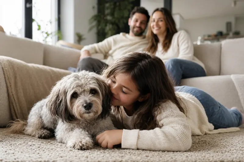 Ein entspannter Franzuskaya Bolonka Hund liegt neben einem Kind in einem hellen Wohnzimmer.