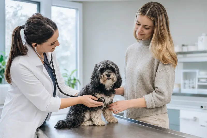 Ein ruhiger Franzuskaya Bolonka Hund wird behutsam von einer freundlichen Tierärztin auf einem Untersuchungstisch in einer modernen Tierarztpraxis untersucht.