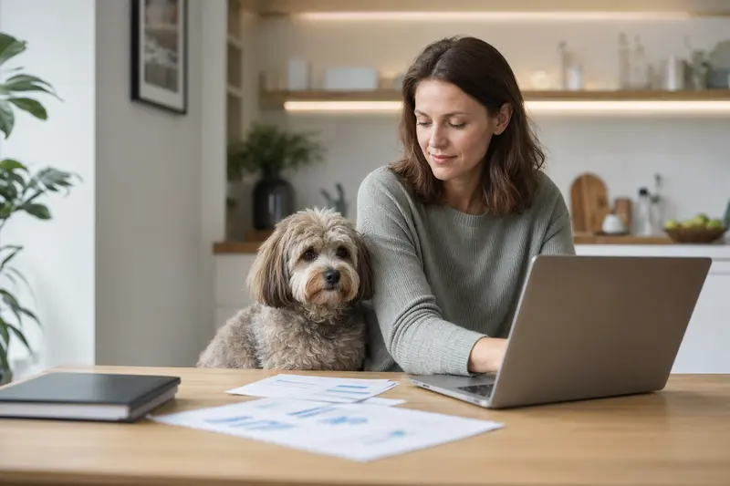 Ein ruhiger Französischer Bolonka Hund sitzt neben seinem Besitzer am Küchentisch mit Versicherungsunterlagen und Laptop.