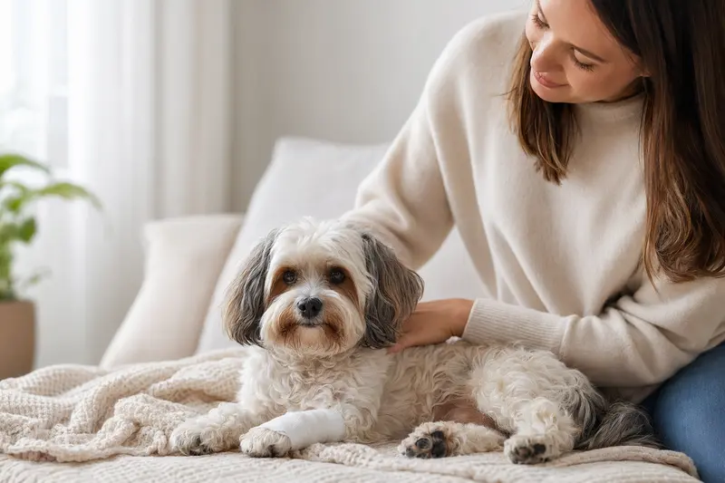 Ein entspannter Franzuskaya Bolonka Hund mit leichtem Verband an der Pfote liegt auf einer Decke, während sein Besitzer daneben sitzt.