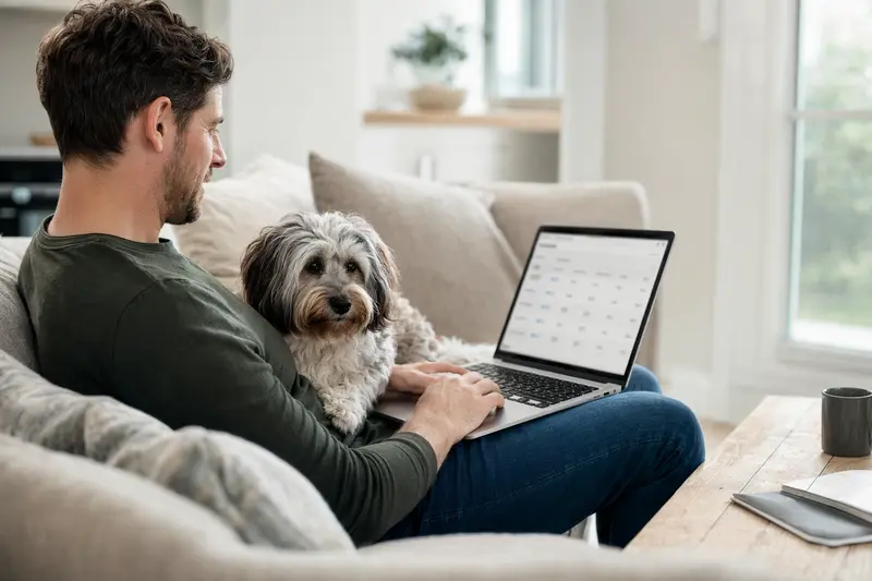 Ein Hundebesitzer mit einem Franzuskaya Bolonka auf dem Sofa nutzt seinen Laptop für einen Versicherungsvergleich.