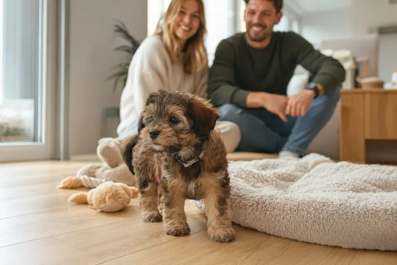 Ein neugieriger Franzuskaya Bolonka Welpe entdeckt seine helle und freundliche Wohnung mit Spielzeug und liebevoller Familie im Hintergrund.