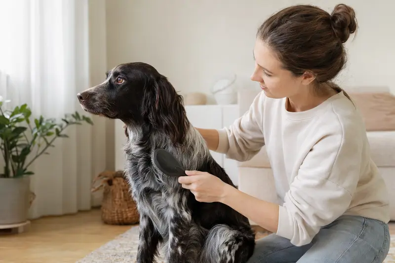 Ein Friesischer Vorstehhund wird in einer hellen Wohnung sanft gebürstet, während der Besitzer sich liebevoll um die Fellpflege kümmert.