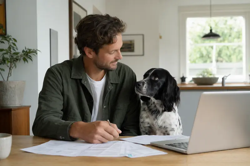 Ein friesischer Vorstehhund sitzt ruhig neben seinem Besitzer am Küchentisch, auf dem Versicherungsunterlagen und ein Laptop liegen.