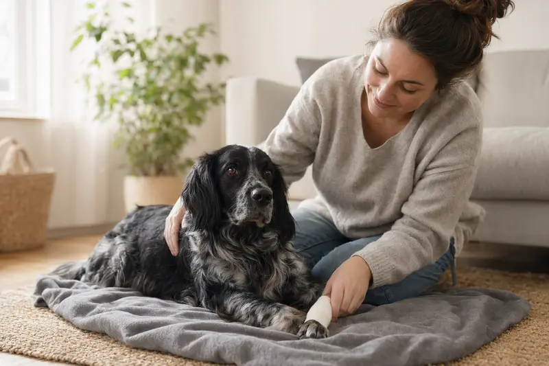 Ein Friesischer Vorstehhund mit leichtem Verband an der Pfote entspannt auf einer Decke, während sein erleichterter Besitzer neben ihm sitzt.
