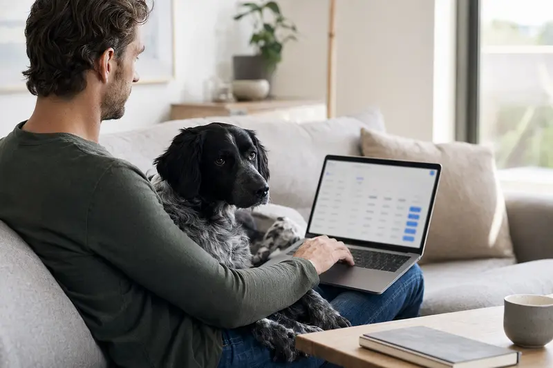 Ein Hundebesitzer sitzt mit seinem Friesischen Vorstehhund auf dem Sofa und vergleicht Tierkrankenversicherungen am Laptop.