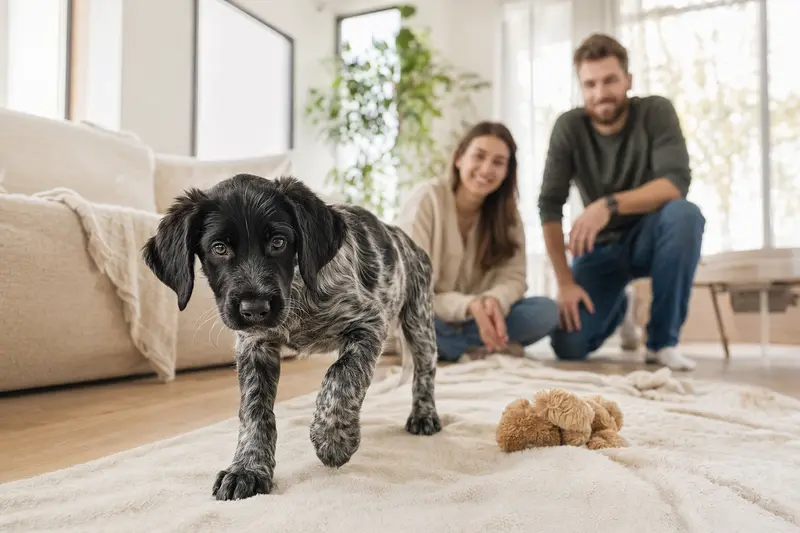 Ein neugieriger Friesischer Vorstehhund Welpe erkundet seine freundliche Wohnung mit Spielzeug und einer weichen Decke.