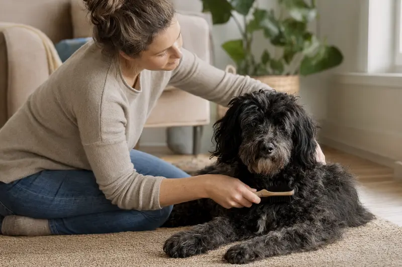 Ein Friesischer Wasserhund wird in einer hellen Wohnung sanft gebürstet, während sich der Besitzer liebevoll um die Fellpflege kümmert.
