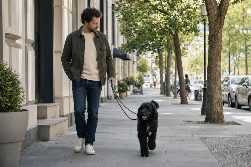 Ein Friesischer Wasserhund läuft an der Leine mit seinem Besitzer durch eine freundliche moderne Stadtstraße.